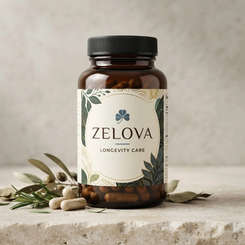 Zelova Longevity Care flaske med ingredienser